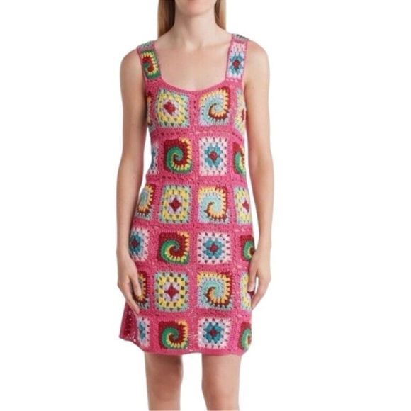 Cotton Emporium Dresses & Skirts - Cotton Emporium Patchwork Crochet Mini Dress Pink